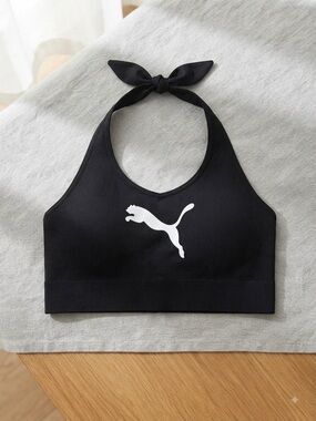 Puma Black Halter Sports Bralette with White Puma Cat Logo